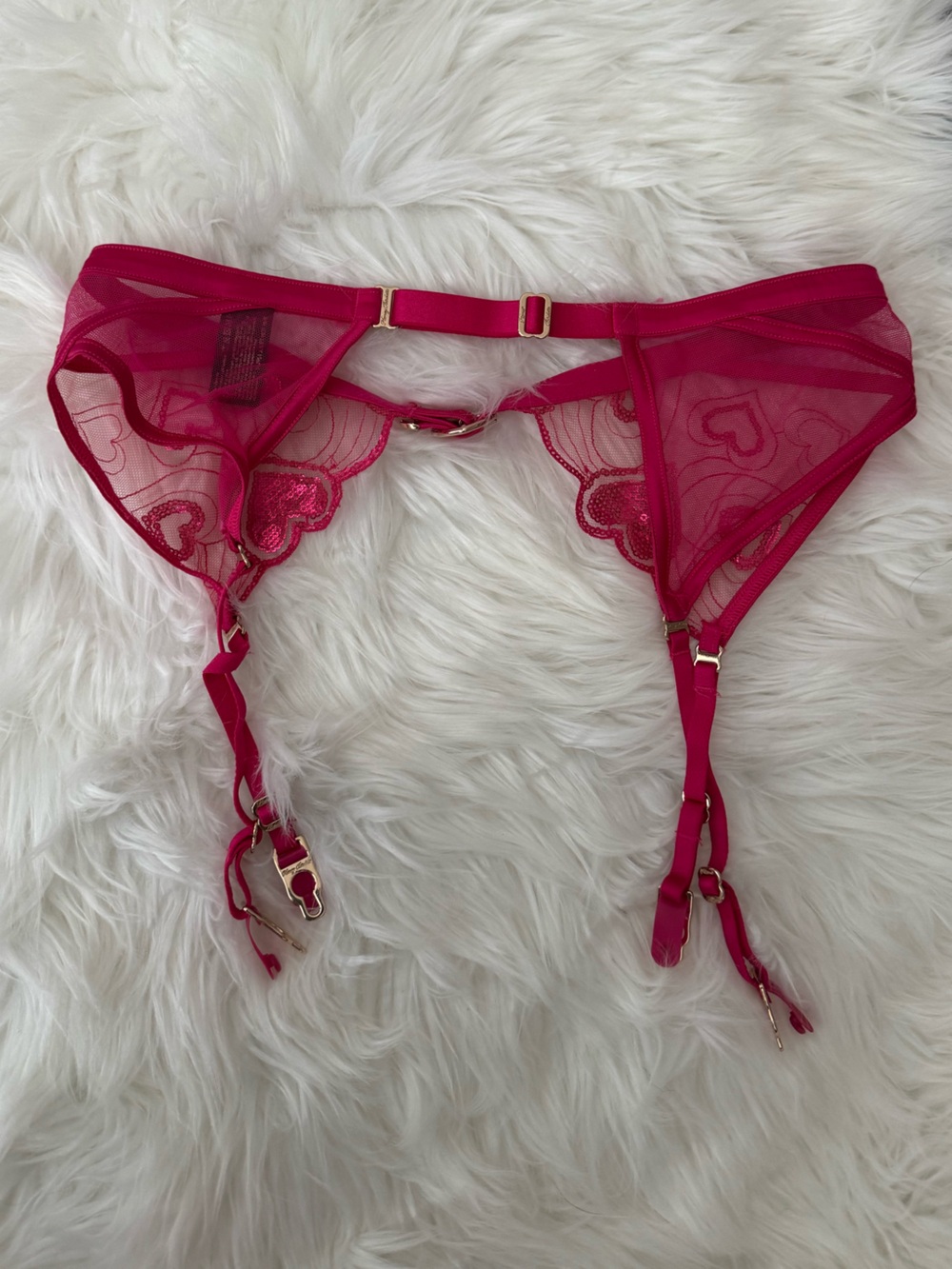 Honey Birdette Juliet Sheer Heart Sequin Garter Suspender - Hot Pink (Medium) - Picture 5 of 8
